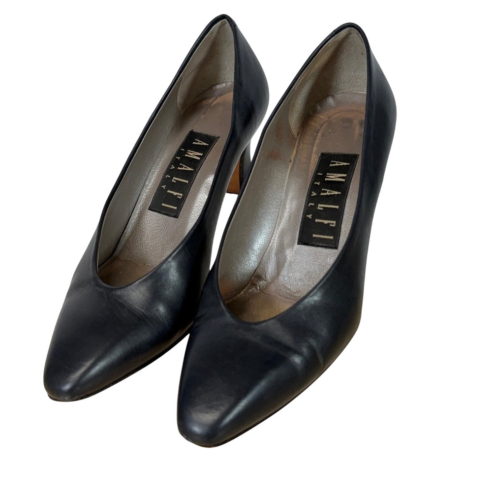 Amalfi Italy Black Leather Pointed Toe Heels Pumps‎ Handmade